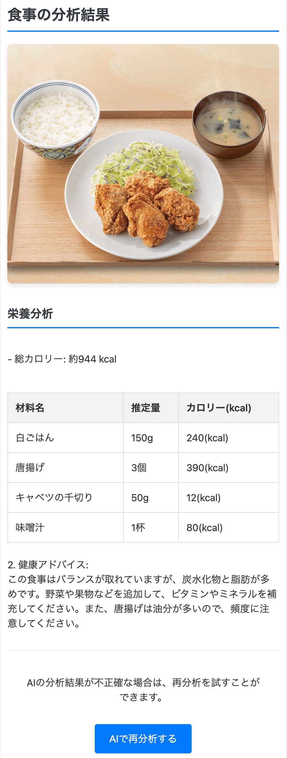 詳細な栄養分析画面